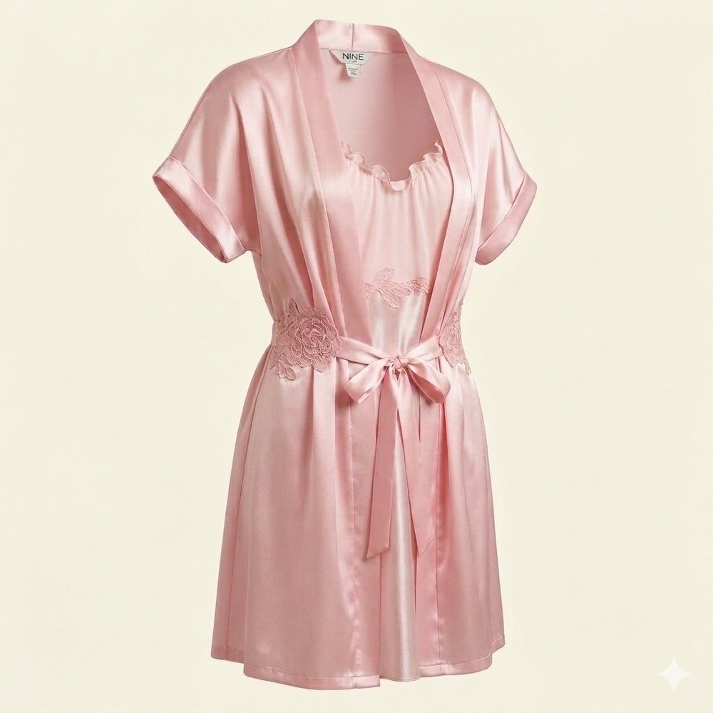 Nine & Company Womens Pink Satin Robe Nightgown Set XL Lace Romantic Lingerie